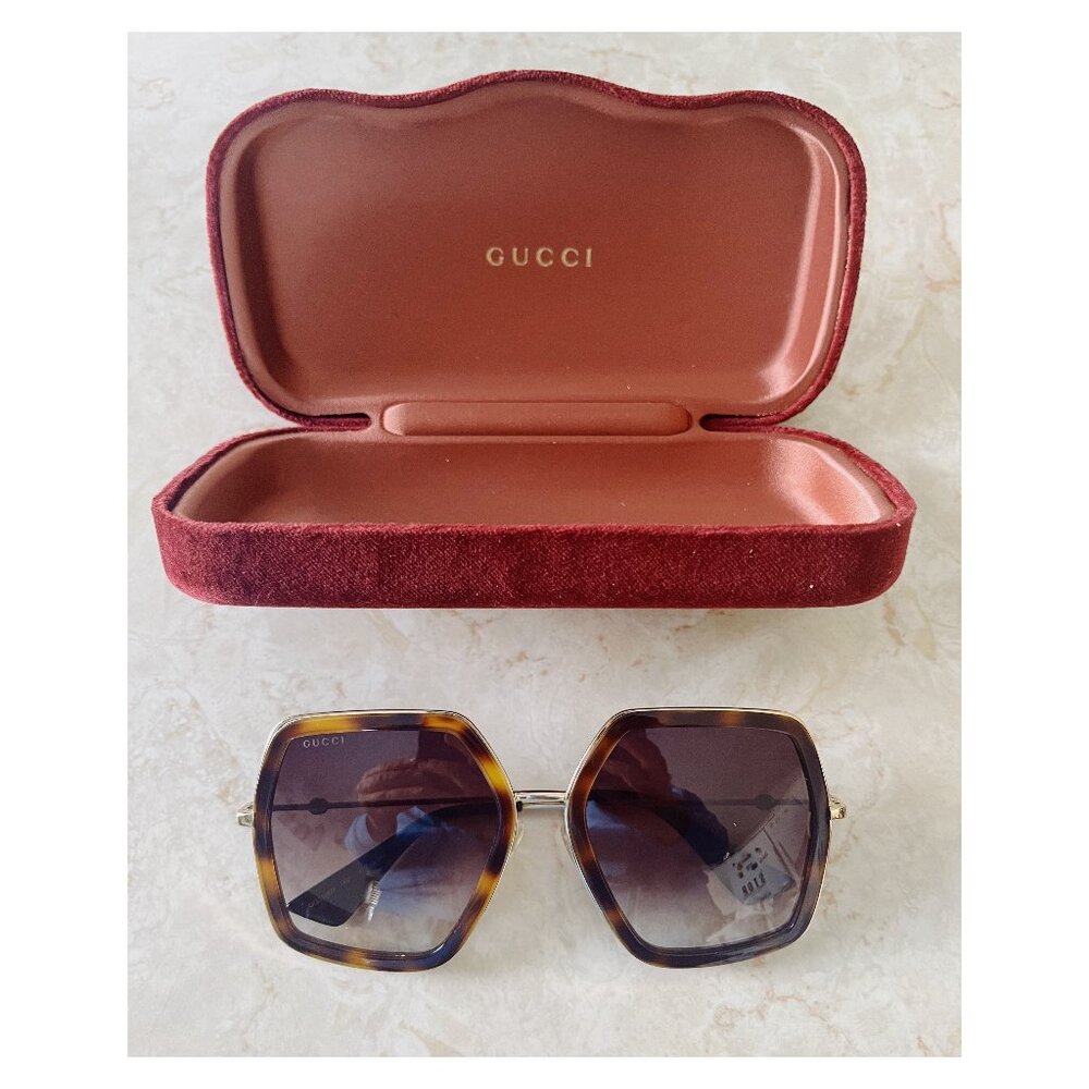 Gucci 0106S Oversized Square Frame Sunglasses Havana Tortoise Frame Brown Lens